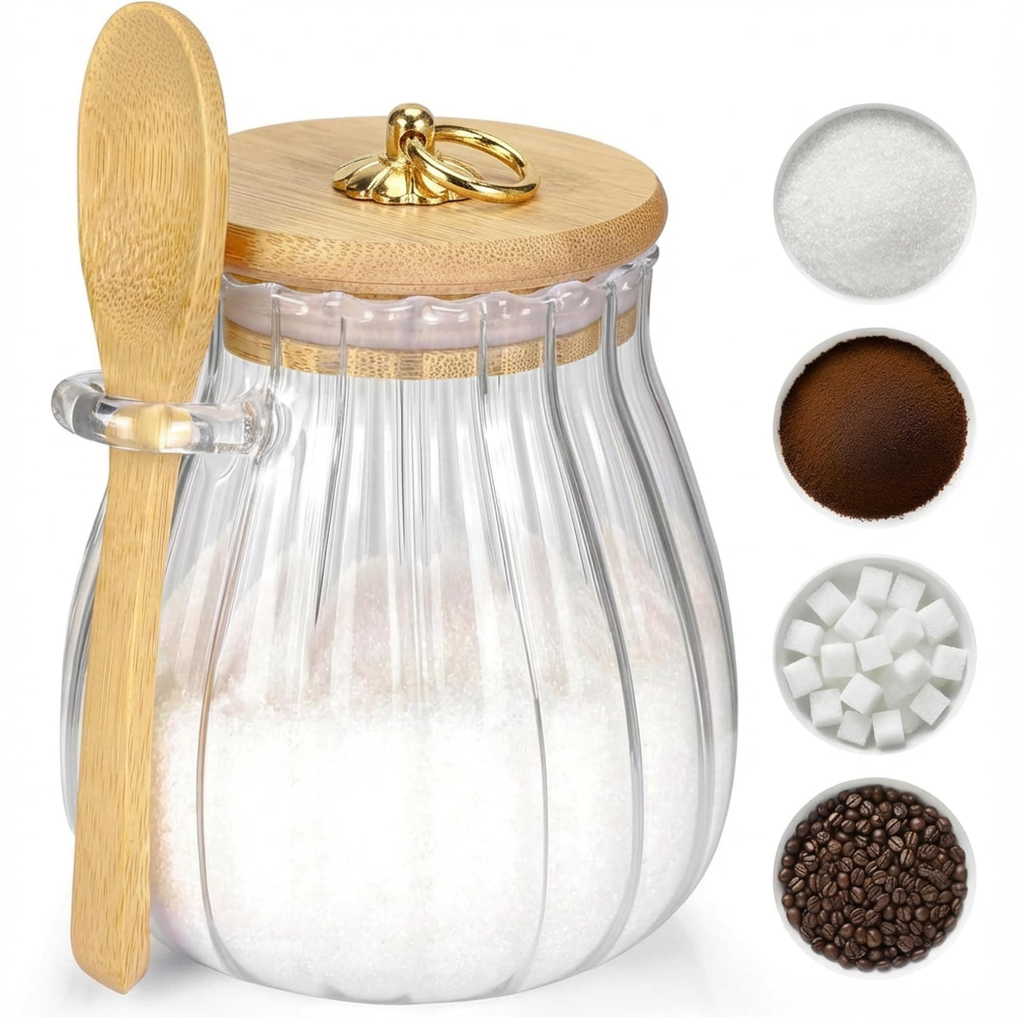 holoith Sugar Container with Bamboo Lid and Spoon,15 oz Sugar Bowl Glass Jar for Coffee Bar Accessories Coffee Canister Kitchen Decor Housewarming Gift Christmas Refillable Design