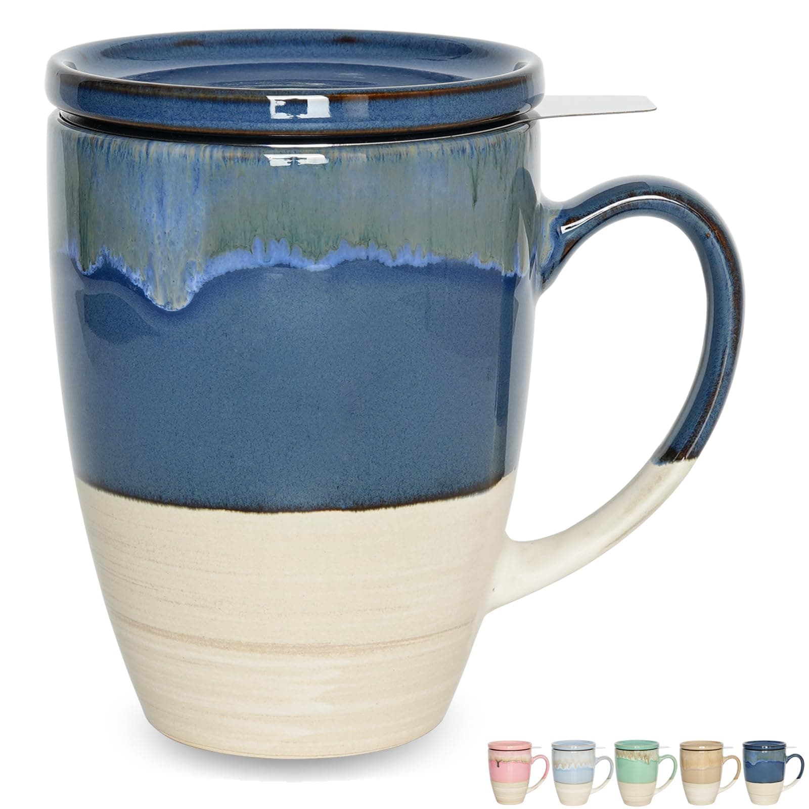 Bosmarlin Ceramic Tea Cup with Infuser and Lid, 13.5 Oz, 5 Colors to Choose, Dishwasher and Microwave Safe, Reactive Glaze, Steeping Tea Mug with Strainer (Deep Blue)