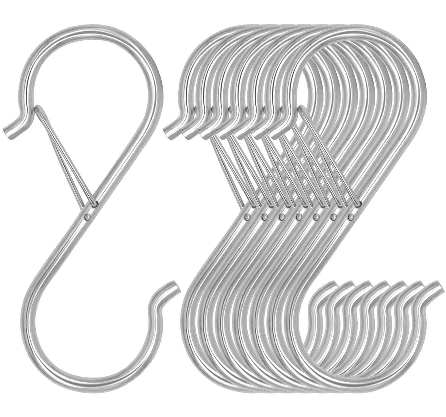 8 Pack S Hooks for Hanging, 3.5 inch Heavy Duty S Hooks with Safety Buckle S Shaped Hooks Kitchen Pot Rack Hooks Closet Hooks for Hanging Plants, Clothes, Kitchen Utensil, Pots and Pans, Bags (Silver)