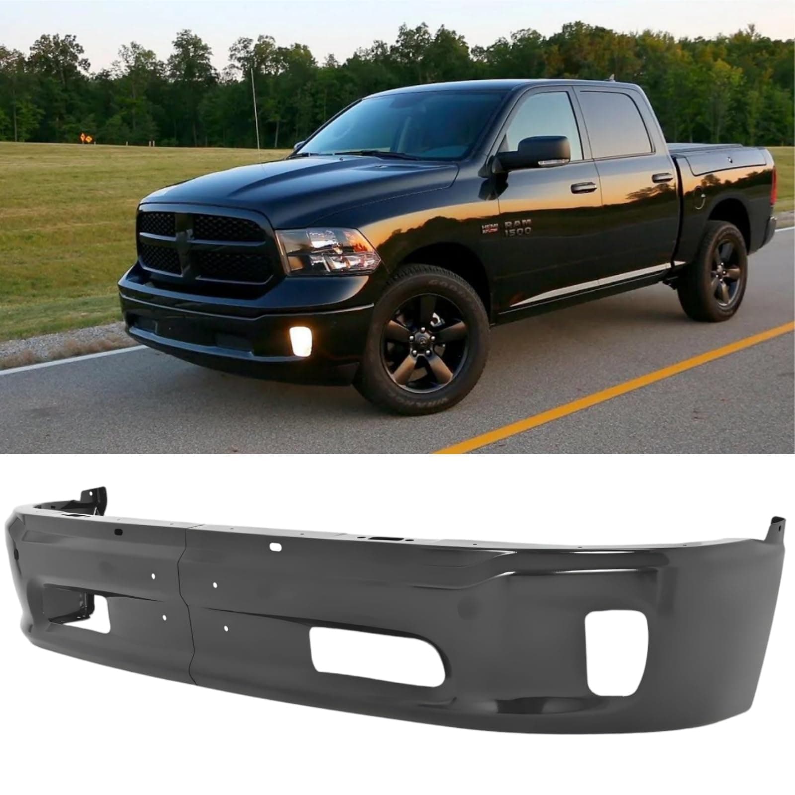 Front Bumper Compatible with 2013-2018 Dodge Ram 1500, Black Truck Automotive Steel Replacement Bumpers Face Bar, with Fog Light Holes, without Sensor Holes (Style H)