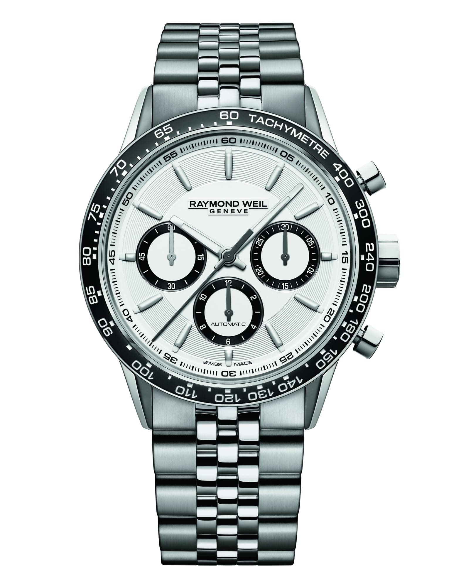 Freelancer Men's Automatic Watch, Chronograph, White Dial with Silver Indexes, Black Ceramic Bezel, Stainless Steel Case, 43.5mm (Model: 7741-ST1-30021)