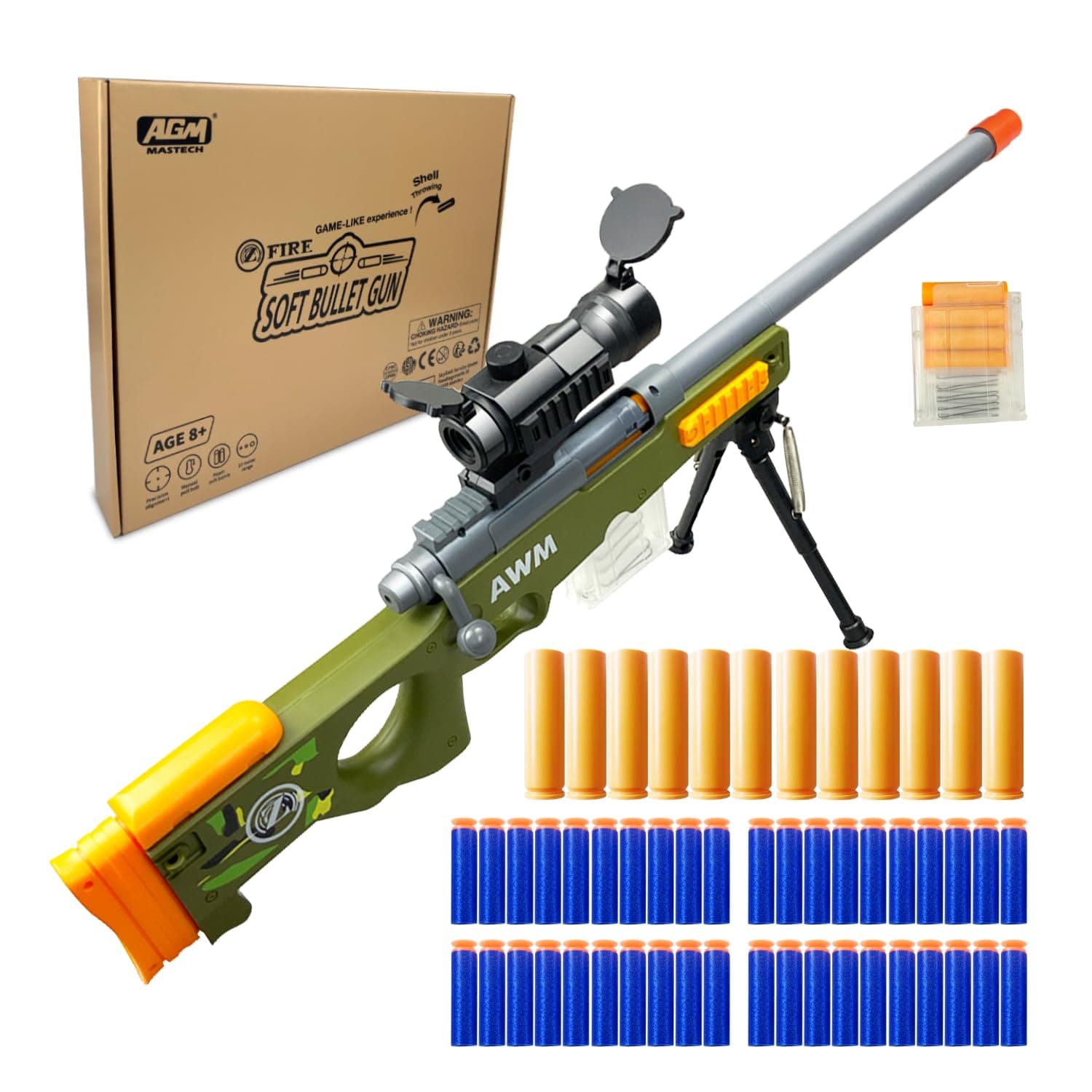 AGM MASTECH AWM Shell-Throwing Blaster Set, 40 Official Foam Darts, 12 Shells, 2 Magazines. Fun Playset for Boys Girl, Kids, and Adults (Green)