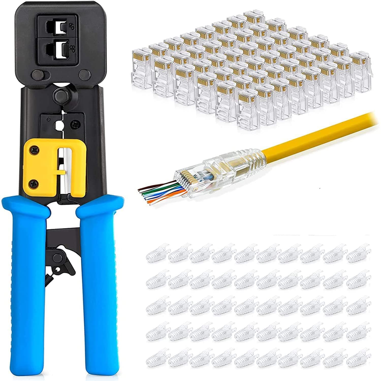 RJ45 Crimp Tool Pass Through Connector End With Cat6 Crimping Tool Kit for RJ45 RJ12 Regular,50 Cat6 straight-through connectors, 50Pcs Covers and Mini Wire Stripper (A)