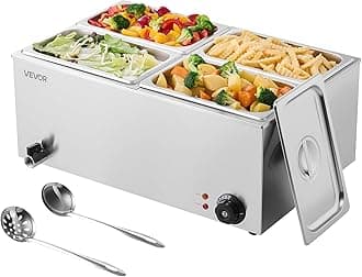 VEVOR 4-Pan Commercial Food Warmer, 24QT Electric Steam Table, 1200W Professional Countertop Stainless Steel Buffet Bain Marie with 86-185°F Temp Control for Catering and Restaurants, Silver
