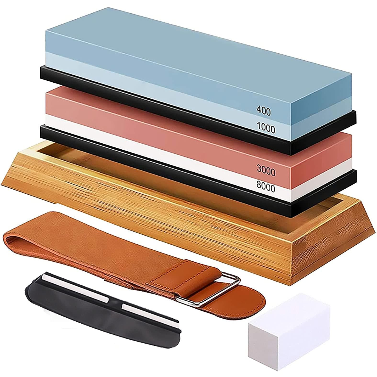 Knife Sharpening Stone Set,Professional Sharpener Stone Kit 400/1000 3000/8000, Whetstone Kit With Non-slip Bamboo Base, Flatting Stone, Angle Guide, and Leather (Multicolor)
