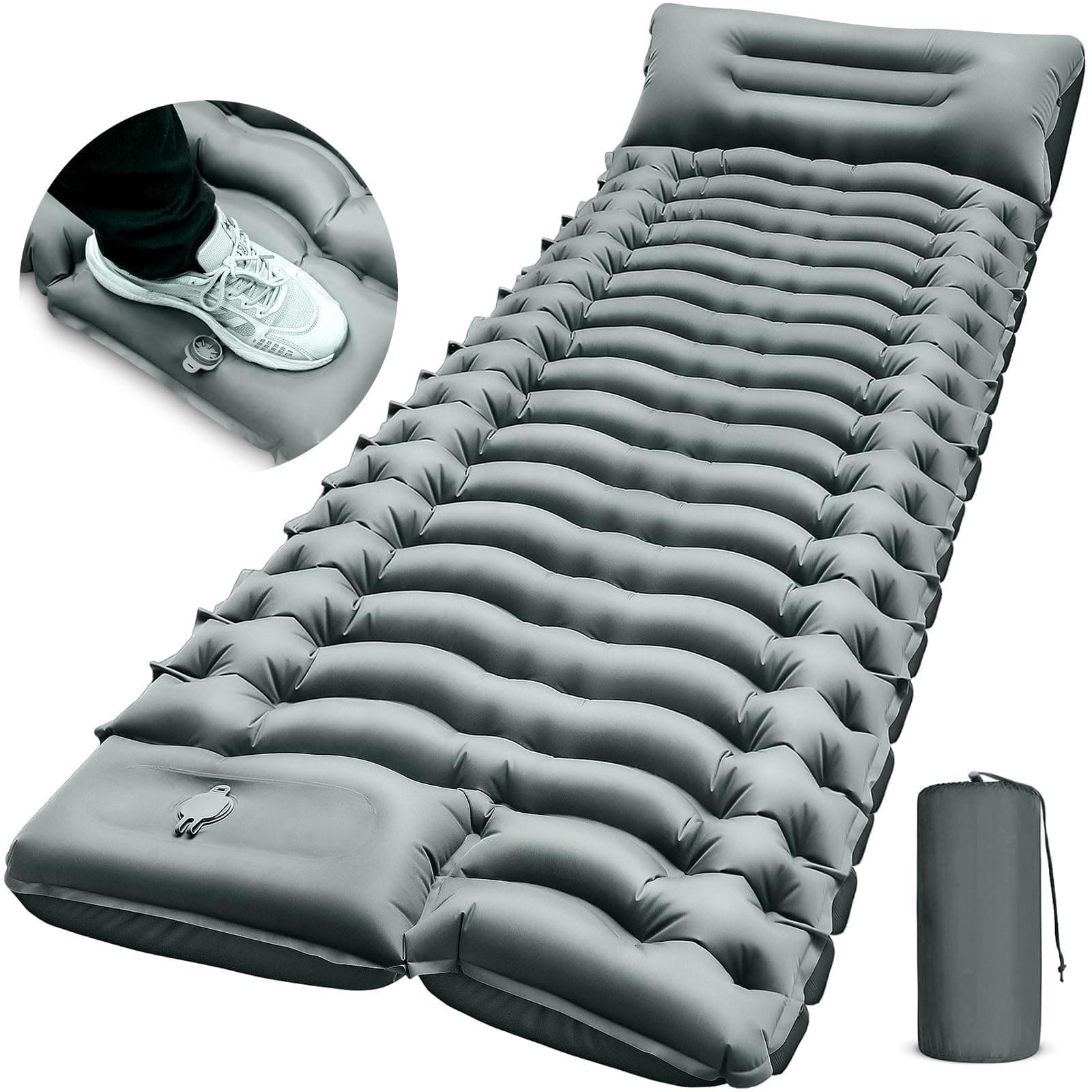 FUN PAC Camping Sleeping Pad, Ultralight Camping Mat with Pillow Built-in Foot Pump Inflatable Sleeping Pads Compact for Camping Backpacking Hiking Traveling - Gray