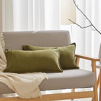 Simple&Opulence 100% Linen Lumbar Pillow Cover 12 x 20 Inches Set of 2 Rectangular Decorative Throw Cushion Cover for Couch Sofa Bed Bedroom Living Room Office Soft Breathable Farmhouse - Olive Green
