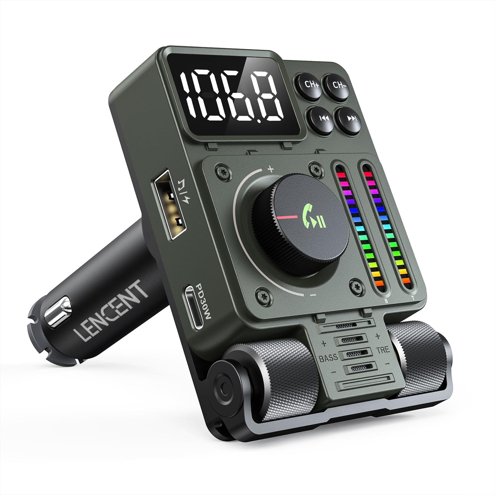 FM Bluetooth 5.3 Transmitter for Car, Adjustable Treble and Bass Sound Music Player, Adapter Hands Free Calls, Supports PD30W Fast Charging, U Disk, Siri Google Assistant, Green, MT01