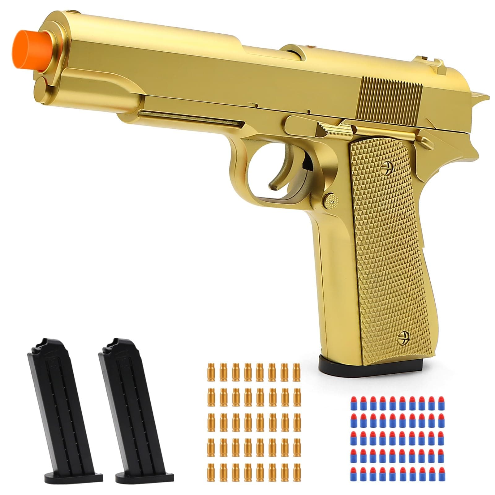 Gold Soft Bullet Toy Gun Shell Ejecting for Boys, Realistic Toy Pistol with 2 Clips, 50 Foam Bullets & 40 Shells, Ideal Christmas Birthday Gift for Boys Adults