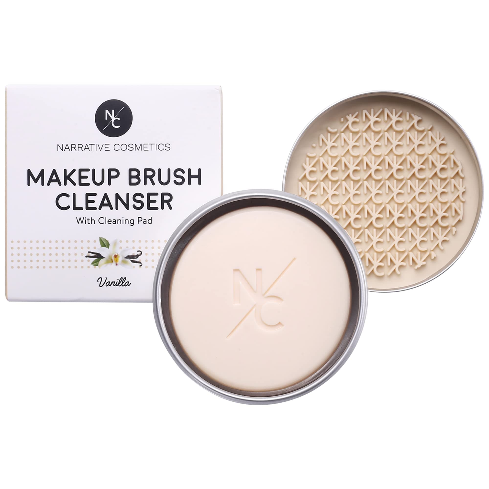 Narrative Cosmetics Solid Makeup Brush Cleanser Soap for Cosmetic Brushes with Silicone Cleaning Pad - Vanilla Fragrance, Professional Makeup