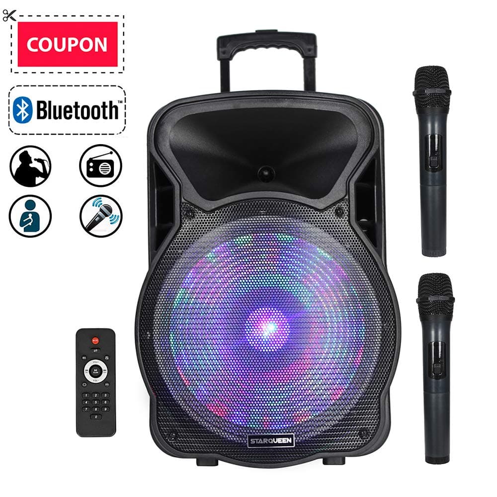 STARQUEEN 15" Portable Pa System Bluetooth Rechargeable Speaker with Wireless Microphone Remote Control and LED Party Lights, AUX/USB/TF Input, FM Radio for Speaker Stand