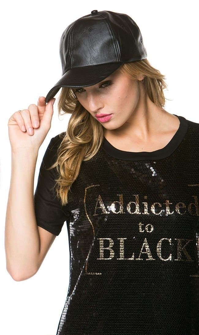 Solid Faux Leather Cap in Black