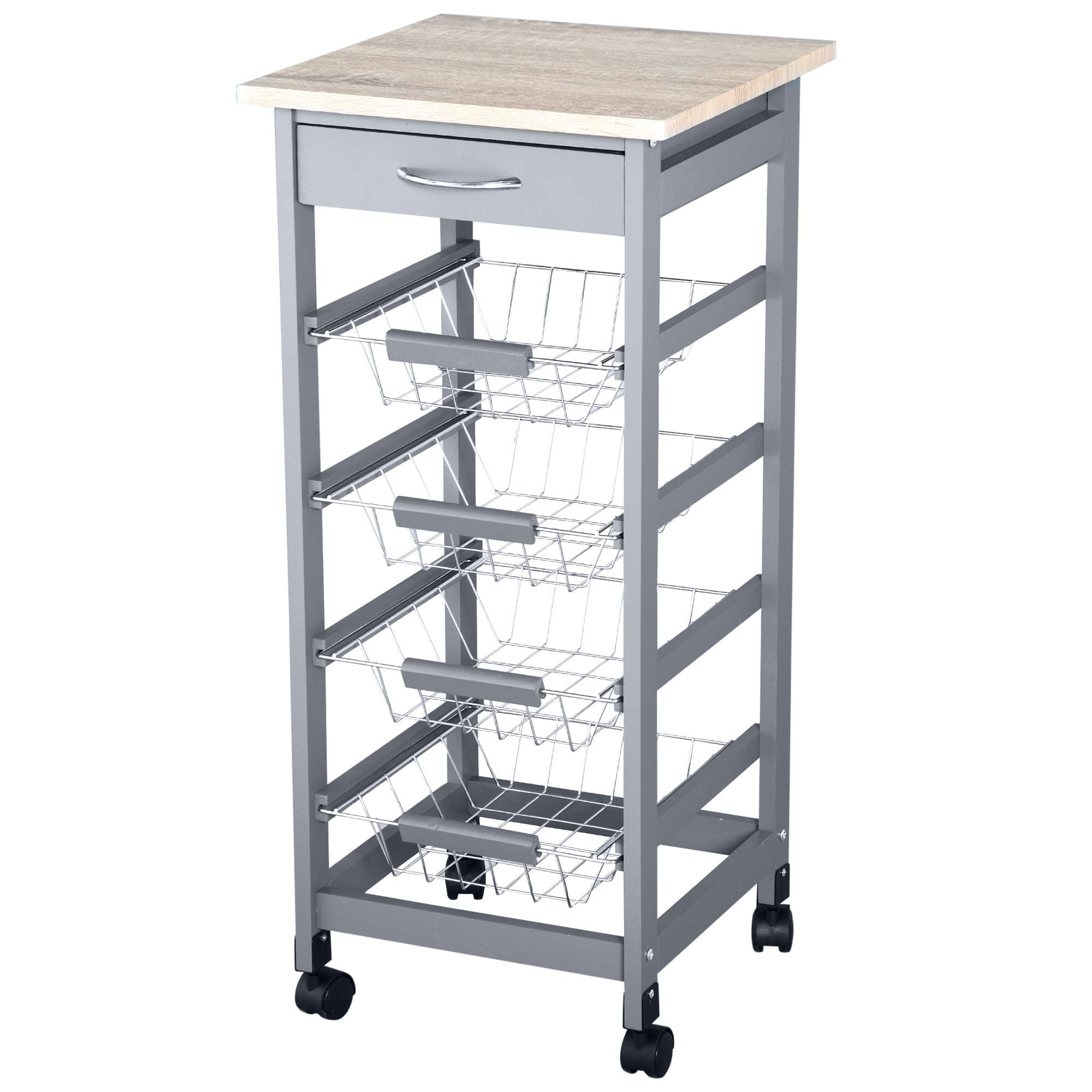 HOMCOM Mobile Kitchen Cart, Rolling Kitchen Island with Storage, Solid Wood Frame Utility Cart with Wire Fruit Baskets and Drawer, Gray