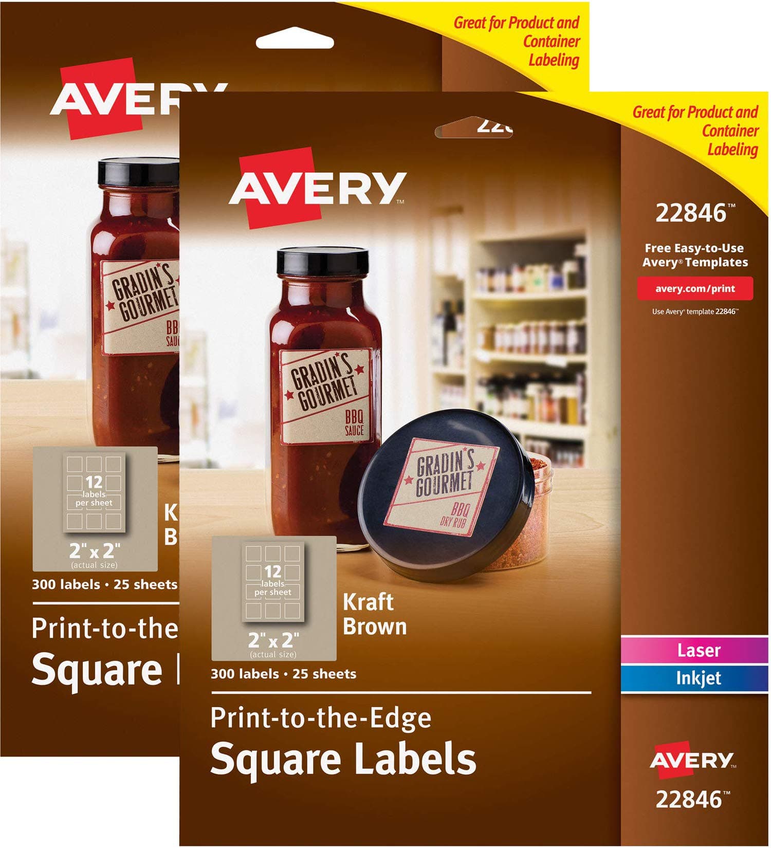 AVERYSquare Labels for Laser & Inkjet Printers, 2" x 2", 300 Kraft Brown Labels (22846) (Pack of 2)