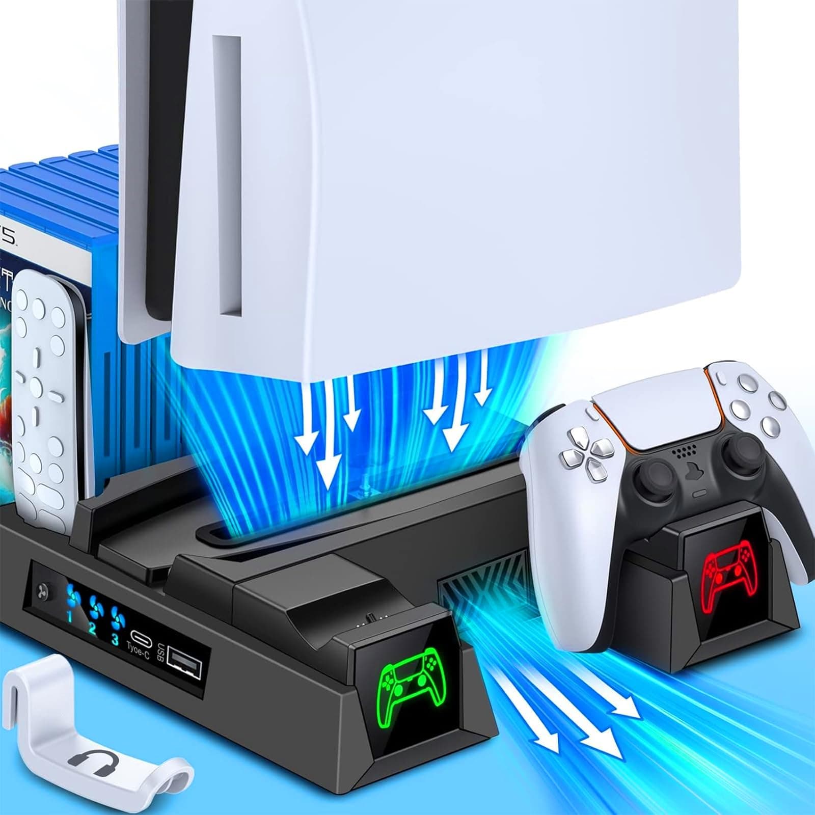 PS5 Stand with 3-Level Cooling Fan, PS5 Controller Charger with LED Light for Dual PS5 Controllers, PS5 Cooling Station with Headset Holder, Suction Cooler Fan with Charging Dock Station (Black)