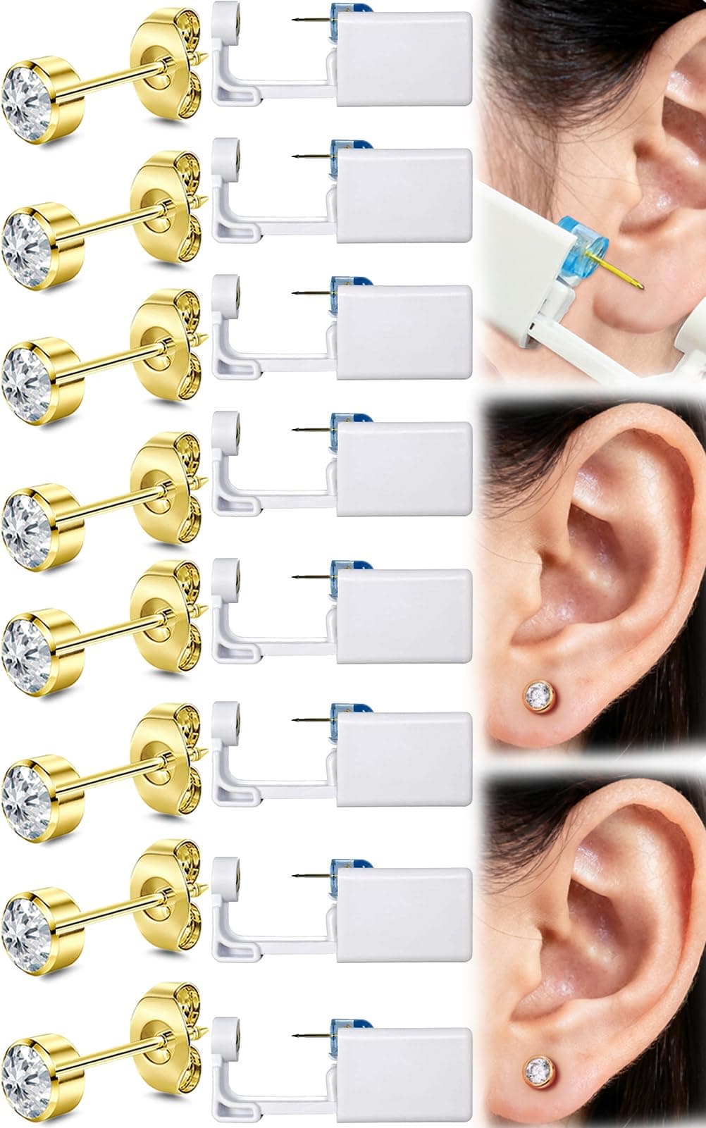 Get the Perfect Ear Piercing with 24Pcs Premium Ear Piercing Kit - Includes 8 CZ Diamond Earrings and 8 Easy to Use Self Ear Piercing Gun - Safe Painless