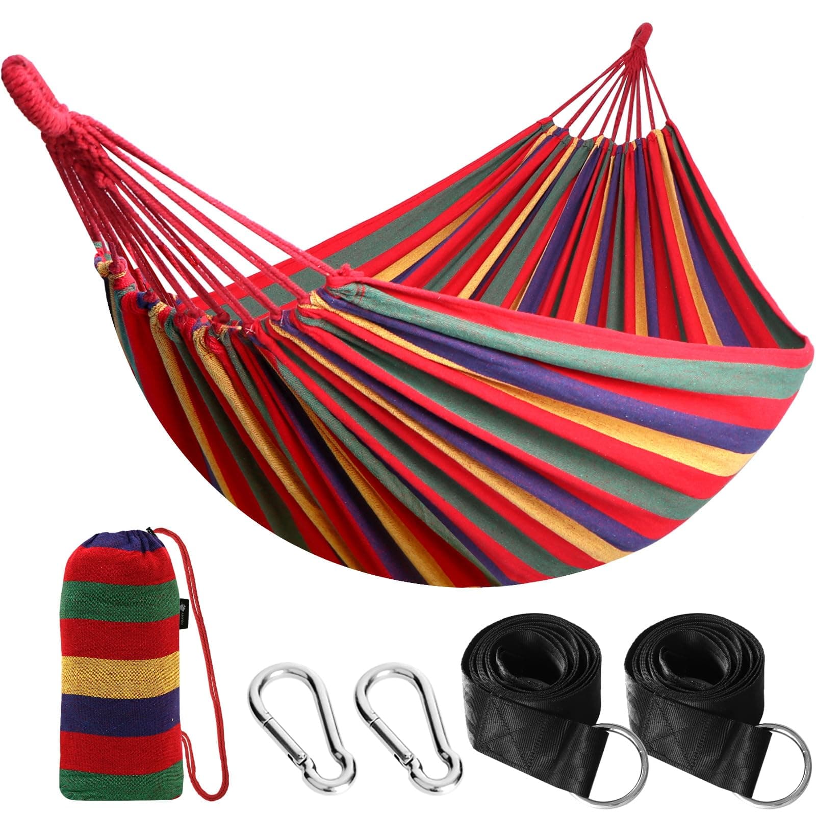 ANYOO Cotton Hammock Comfortable Fabric with Tree-friendly Straps, Durable Portable Hammock with Travel Bag, Perfect for Garden Camping Outdoor/Indoor Patio Balcony Backyard Red