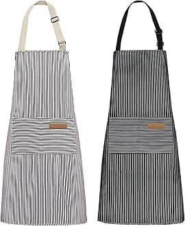 2 Pack Kitchen Cooking Aprons, Adjustable Bib Soft Chef Apron with 2 Pockets for Men Women (Brown/Dark Black Strips)