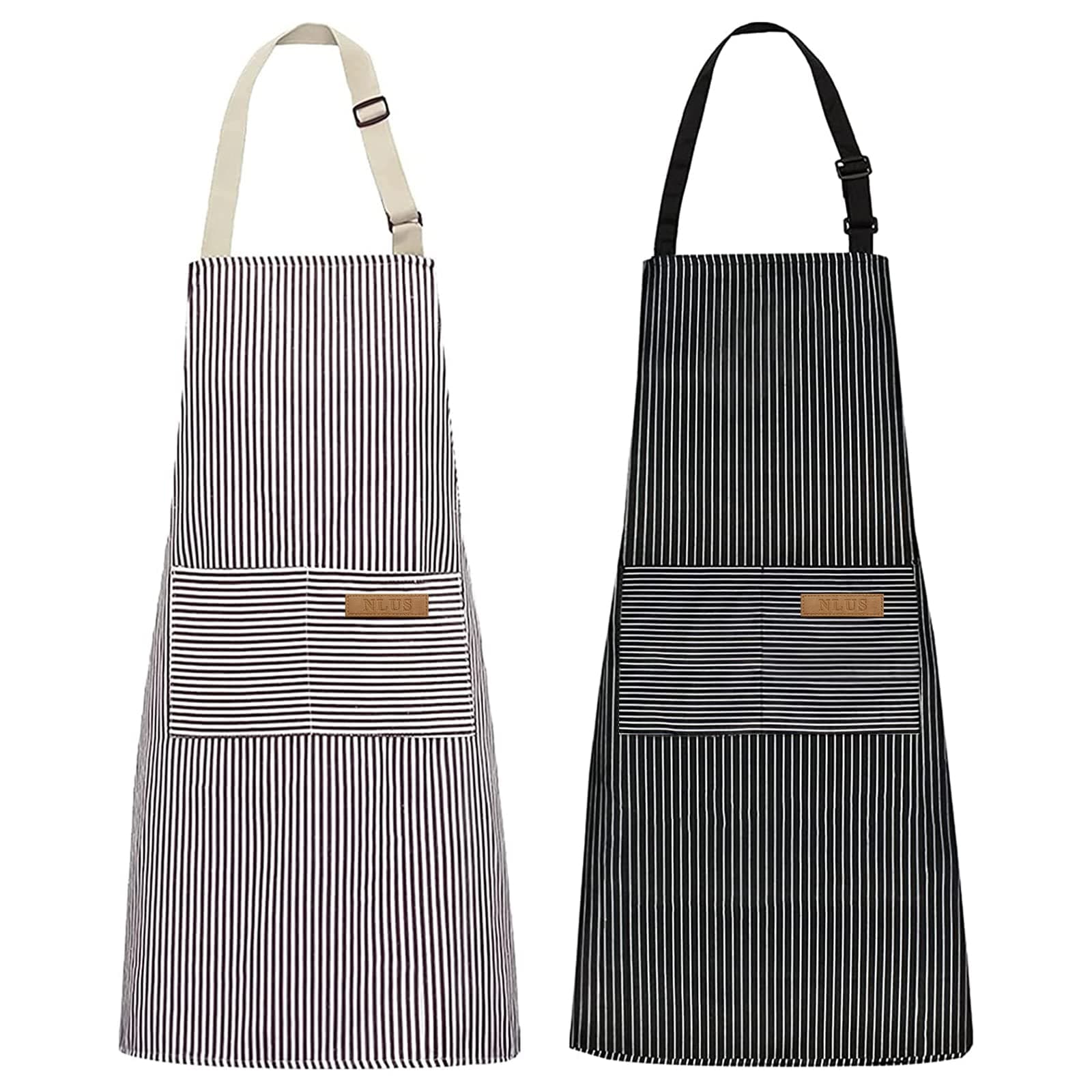 2 Pack Kitchen Cooking Aprons, Adjustable Bib Soft Chef Apron with 2 Pockets for Men Women (Brown/Dark Black Strips)
