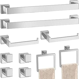 10-Pieces Brushed Silver Bathroom Accessories Set, Stainless Steel Bathroom Hardware Set, Towel Racks for Bathroom Wall Mounted 24 Inch Bath Towel Bar Set.
