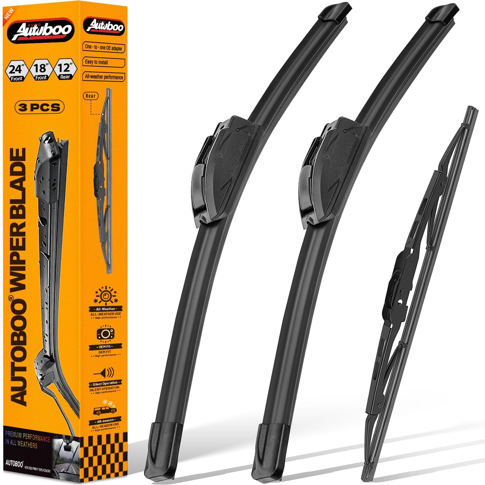 AUTOBOO OEM Windshield Wiper Blade Replacement for Chevy Blazer 2019-2021 2022 2023 Original Equipment All-Season Rear Wiper Blade Set 24+18+12 (Set of 3)