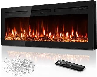 Tehanld 50 Inch Electric Fireplace in-Wall Recessed and Wall Mounted, Ultra-Thin Linear Fireplace Heater 750/1500W with Realistic Flame, Higher Temperatures & Lower Noise, Log Set & Crystal Options