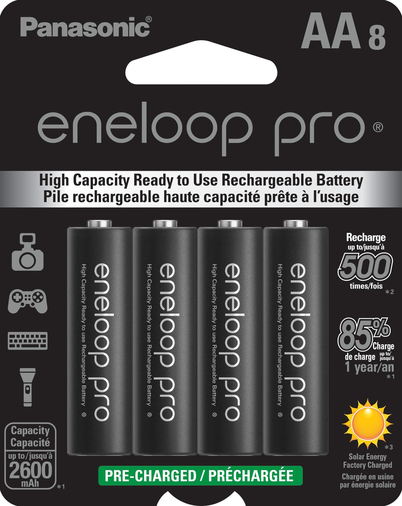 Panasonic BK-3HCCA8BA pro AA High Capacity Ni-MH Pre-Charged Rechargeable Batteries, 8-Battery Pack