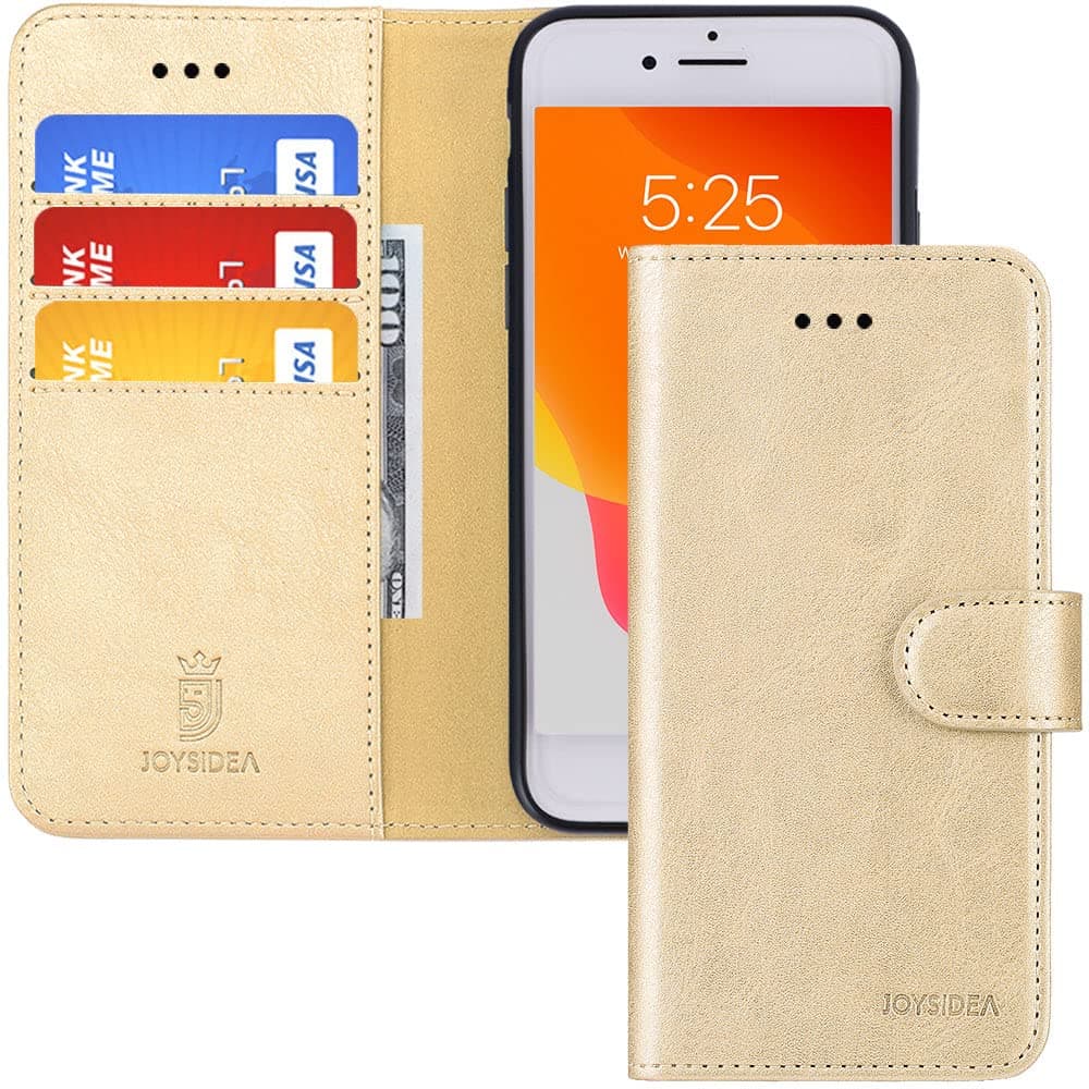 JOYSIDEA iPhone SE 2022 | SE 2020 | 8 | 7 Wallet Case, PU Leather Magnetic Flip Folio Phone Case with Card Holder, Stand & Shockproof Cover for iPhone 7 | 8 | SE2 | SE3, Gold