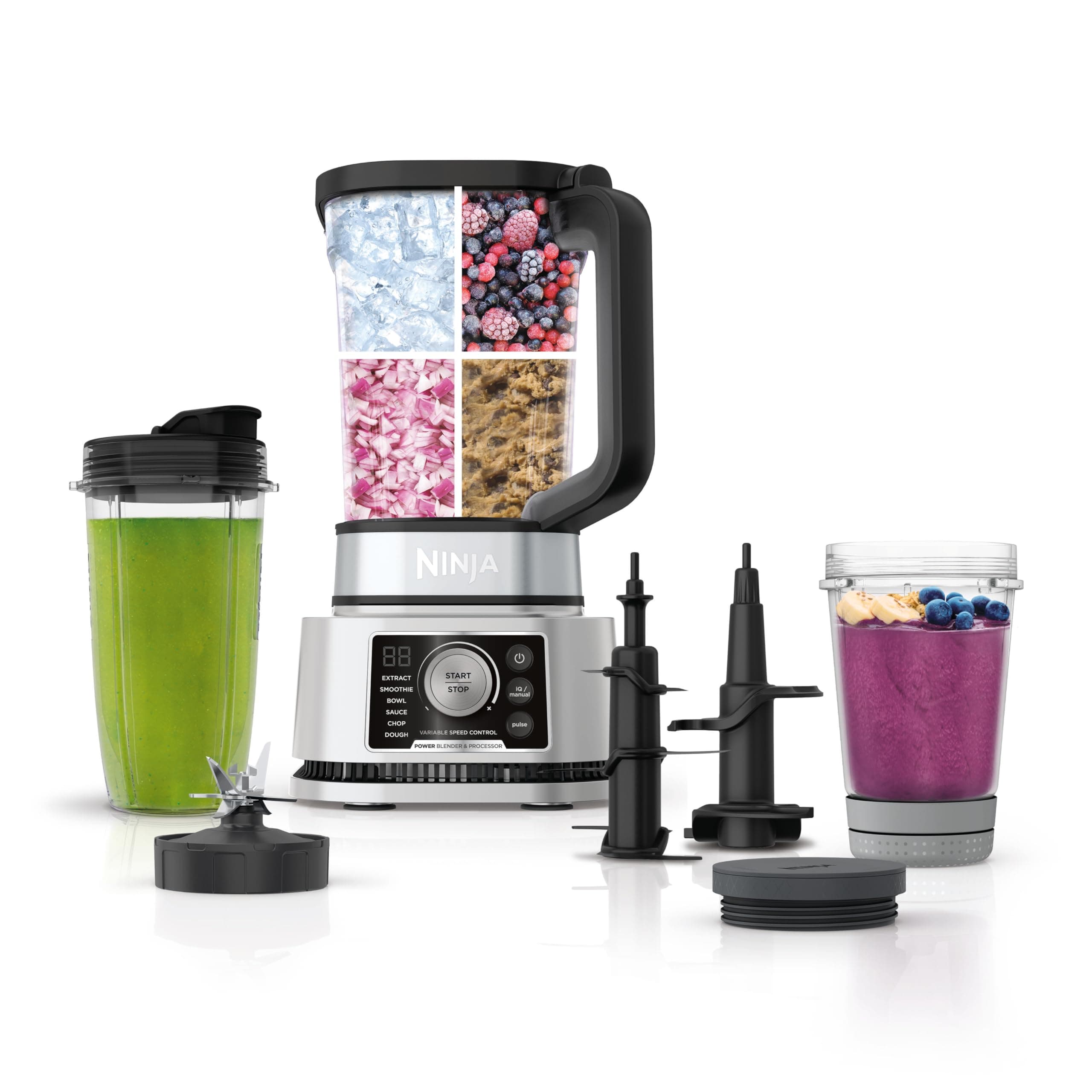 Blender For Kitchen | Food Processor Combo System | Smoothie Maker & Nutrient Extractor | 6 Functions for Bowls, Spreads, Dough, Shakes | 72-oz. Pitcher & To-Go Cups | Silver | SS351