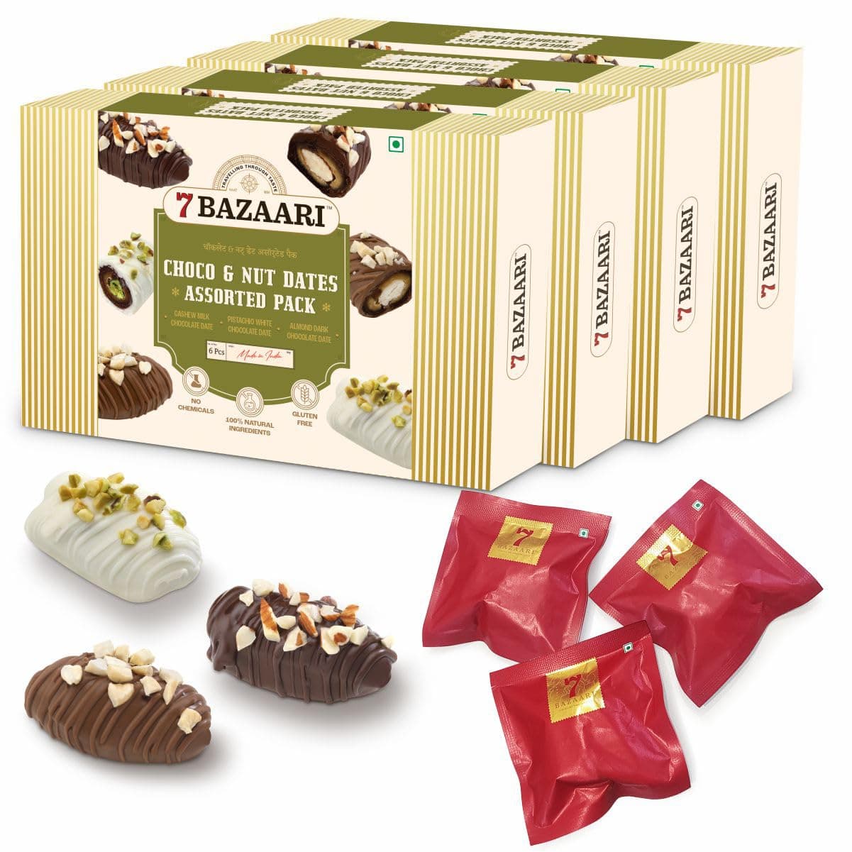 7 BAZAARI™ Premium Choco & Nut Dates - No Added Sugar, Gluten Free, Natural Ingredients - Assorted Almond Dark Chocolate, Cashew Milk Chocolate- 6pcs (Pack of 4)