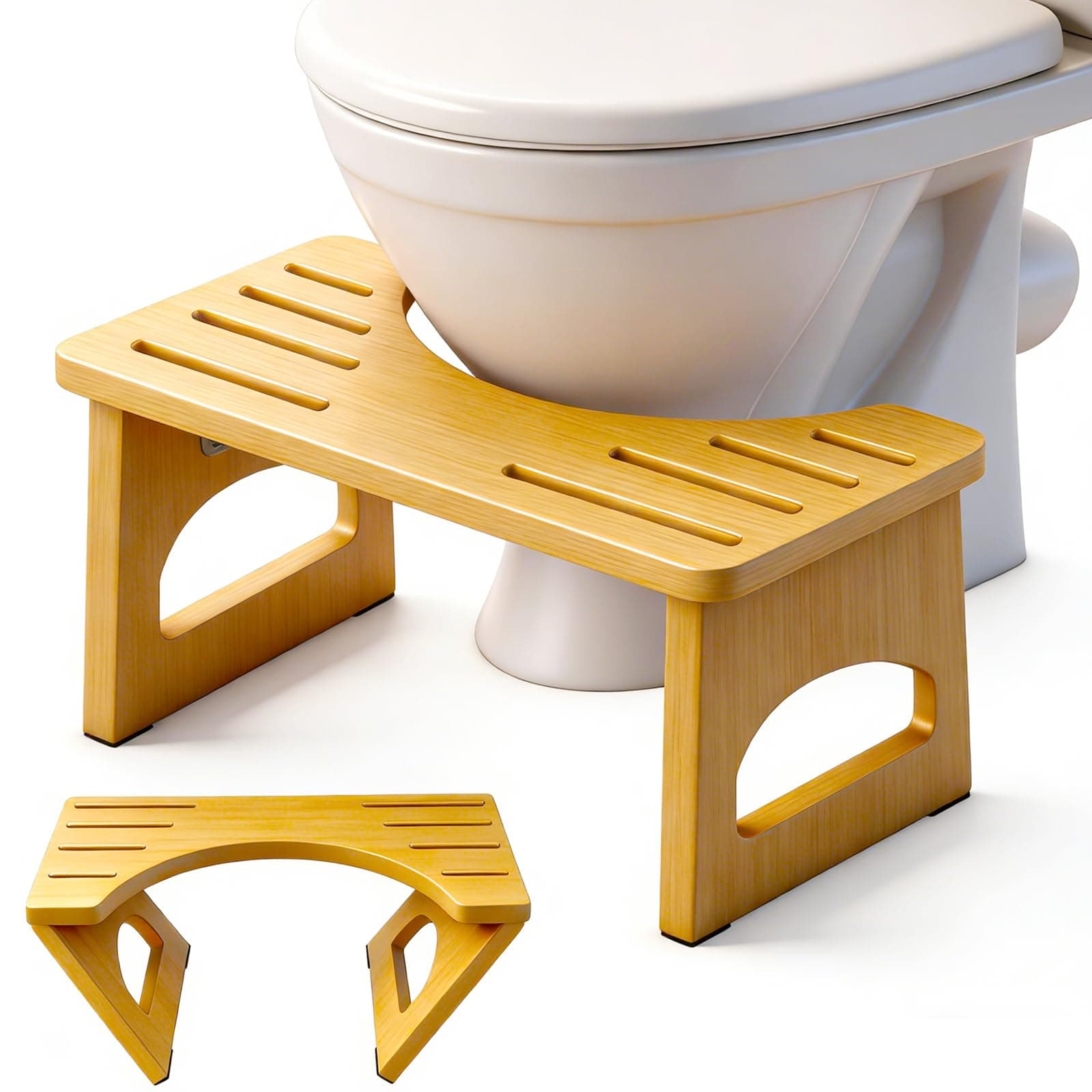 Foldable Toilet Stool, 2 Pack 7 Inches Poop Stool for Bathroom, Bamboo Toilet Stool Squat Adult, Collapsible Squatting Bathroom Potty Stool with Non-Slip Strip, Improve Squatting Posture and Comfort