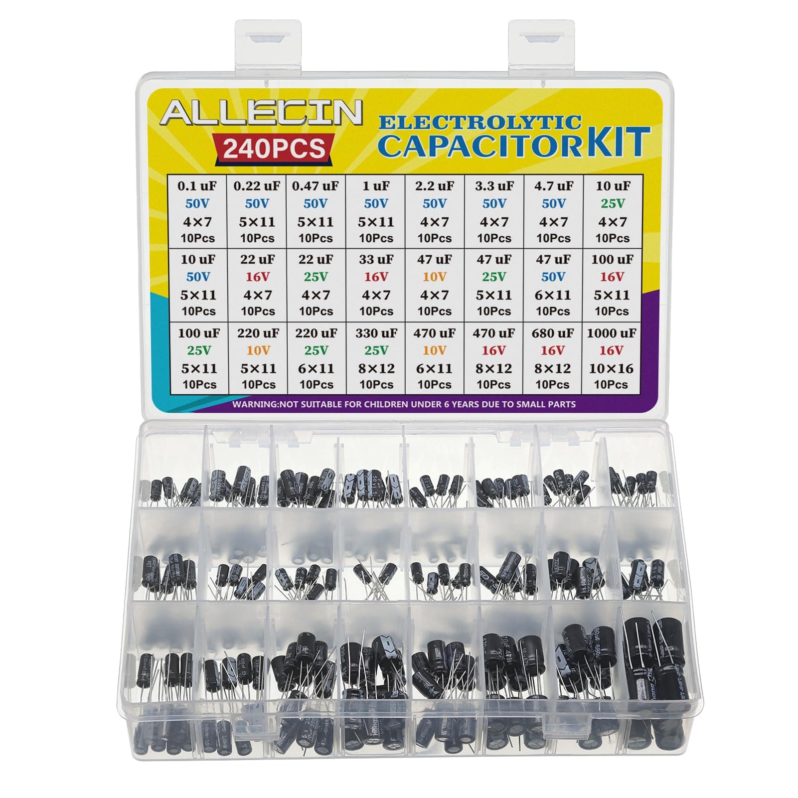 24 Values Electrolytic Capacitor Assortment Kit from 0.1uF to 1000uF 10V 16V 25V 50V in-line Aluminum Capacitors Set