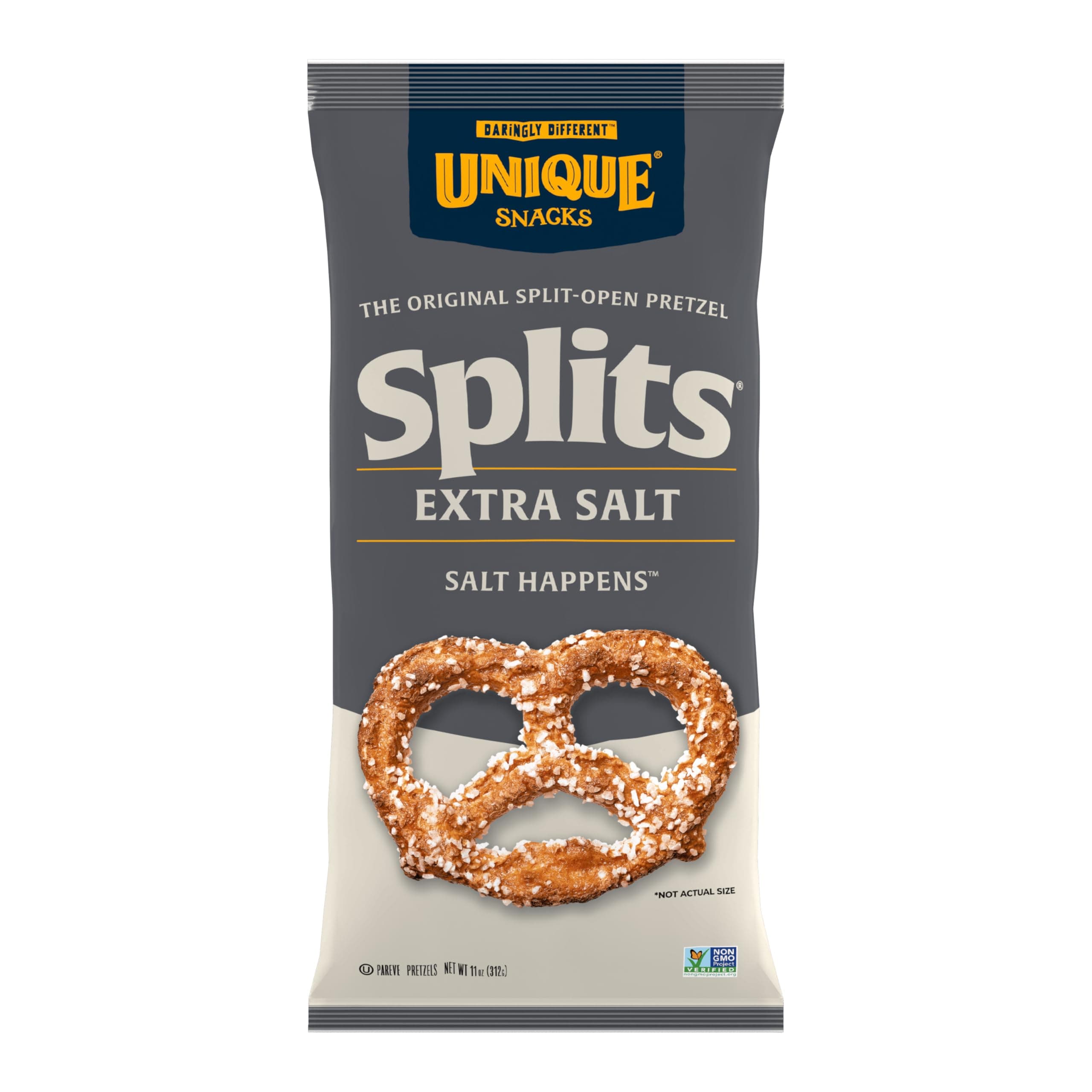 Unique Snacks Extra Salt Splits Pretzels, Original Split-Open Pretzels, Delicious Homestyle Baked Snack Bag, OU Kosher, and Non-GMO Food, No Artificial Flavor, 11 Oz. Bag, Pack of 3