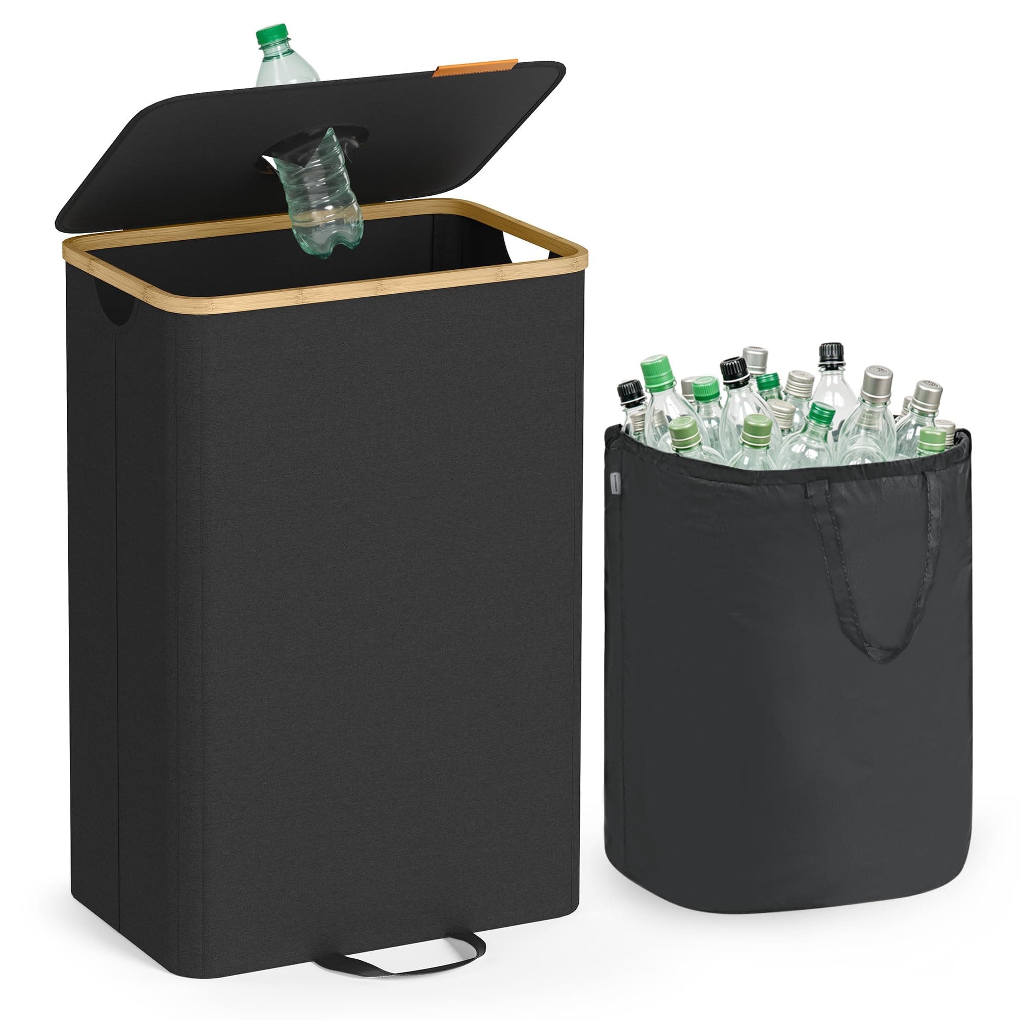 SONGMICS Recycling Bin for Kitchen 26.4 Gallon. Bottle Recycling Container, Collection Bin, for Metal, Plastic, Paper, Glass, Inner Bag with Handles, Kitchen, Ink Black and Natural Beige URRB509B01