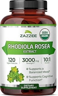 Zazzee USDA Organic Rhodiola 10:1 Extract, 120 Capsules, 4 Month Supply, Rhodiola Rosea, Energy, Stress & Mental Focus Support, Concentrated 10X Extract, All-Natural, Non-GMO, Made in the USA