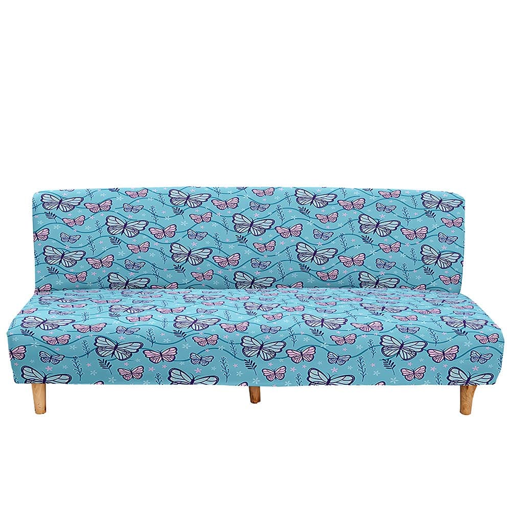 Mateju Armless Sofa Bed Cover, Butterfly Pattern Folding Sofa Bed without Armrests, Non Slip Stretch Futon Slipcover Protector for 2-3 Seater, Washable Couch Bed Slipcovers (blue,190-230cm)