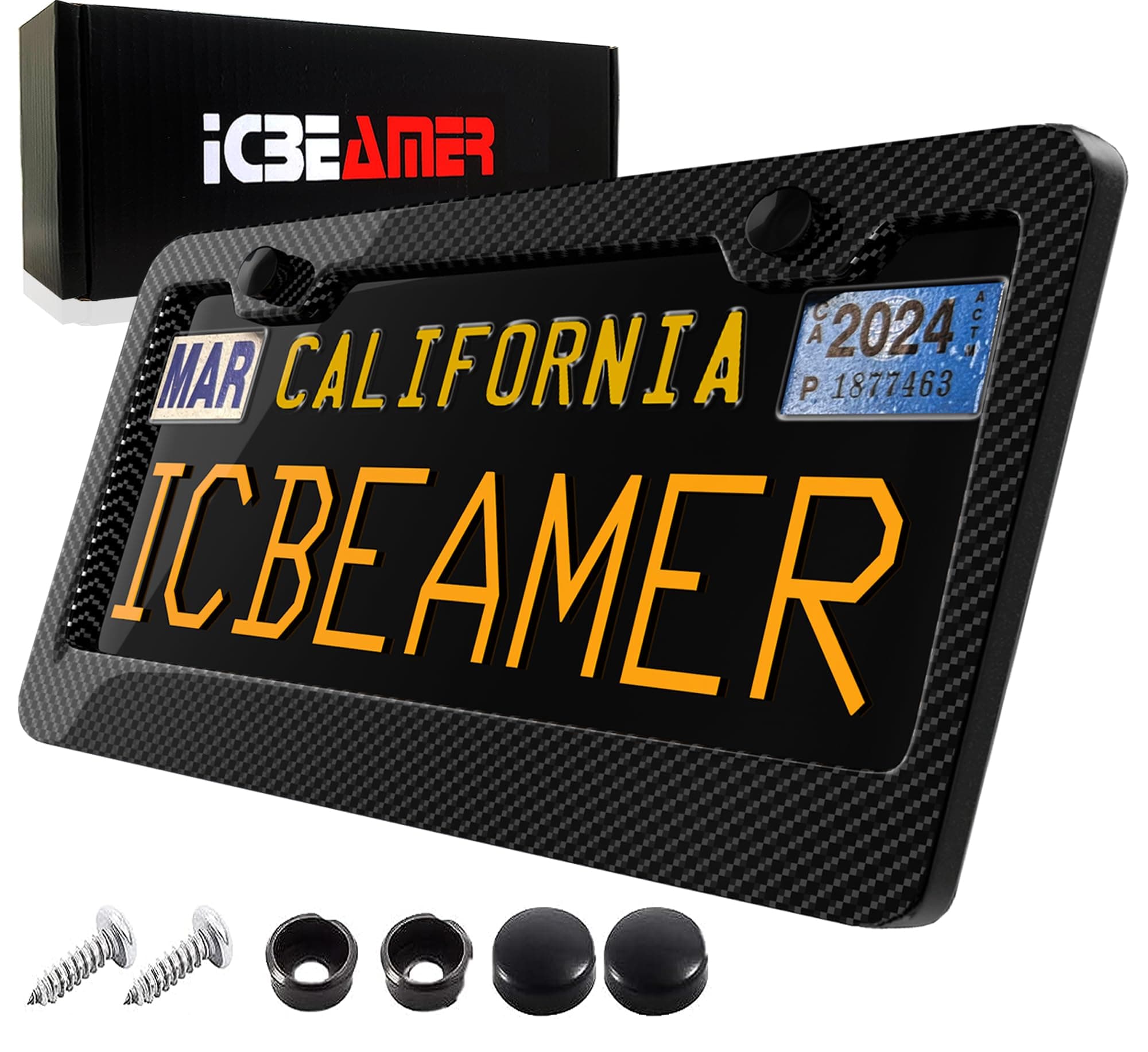 ICBEAMER Black Carbon Fiber License Plate Frame Tag Snap for All Vehicle Truck SUV Mini Van Front Rear [Pack of 1 pc]