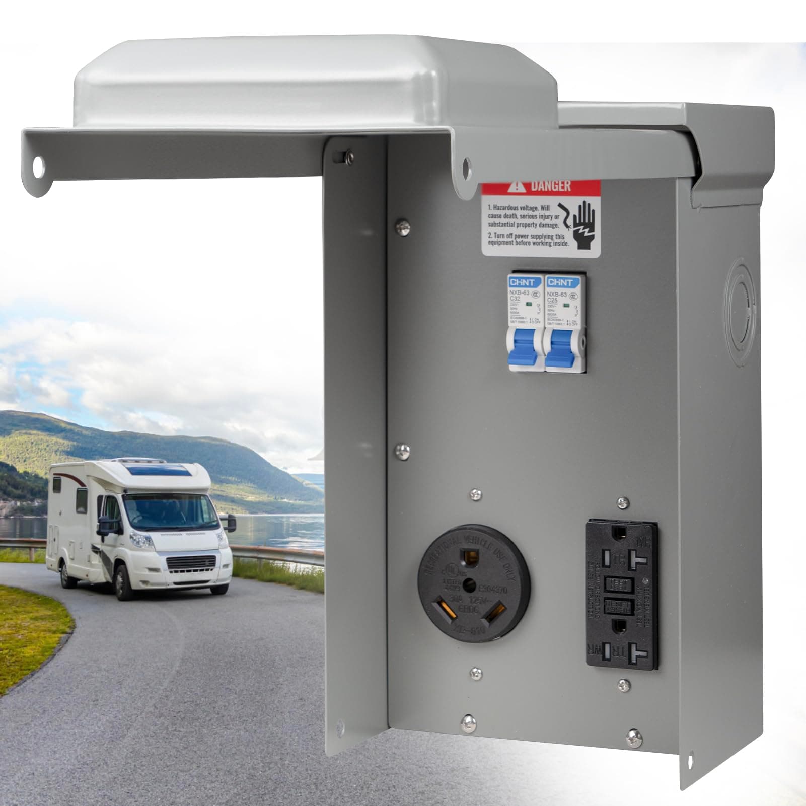 30 Amp RV Outlet Box, RV Electrical Panel with UL Listed 30 amp+GFCI 20 amp Receptacle Installed, Temporary Power Outlet Panel Prewired Unmetered, Weatherproof