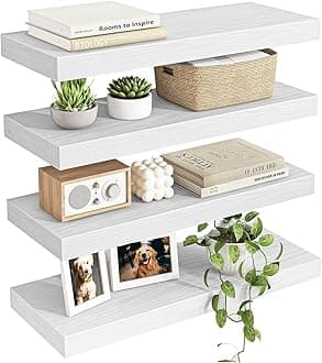 Fixwal White Shelves for Wall, 15.8in Rustic Wood Finish Floating Wall Shelves Set of 4, Shelves for Wall Decor, with Invisible Brackets for Bathroom, Living Room,Bedroom and Kitchen