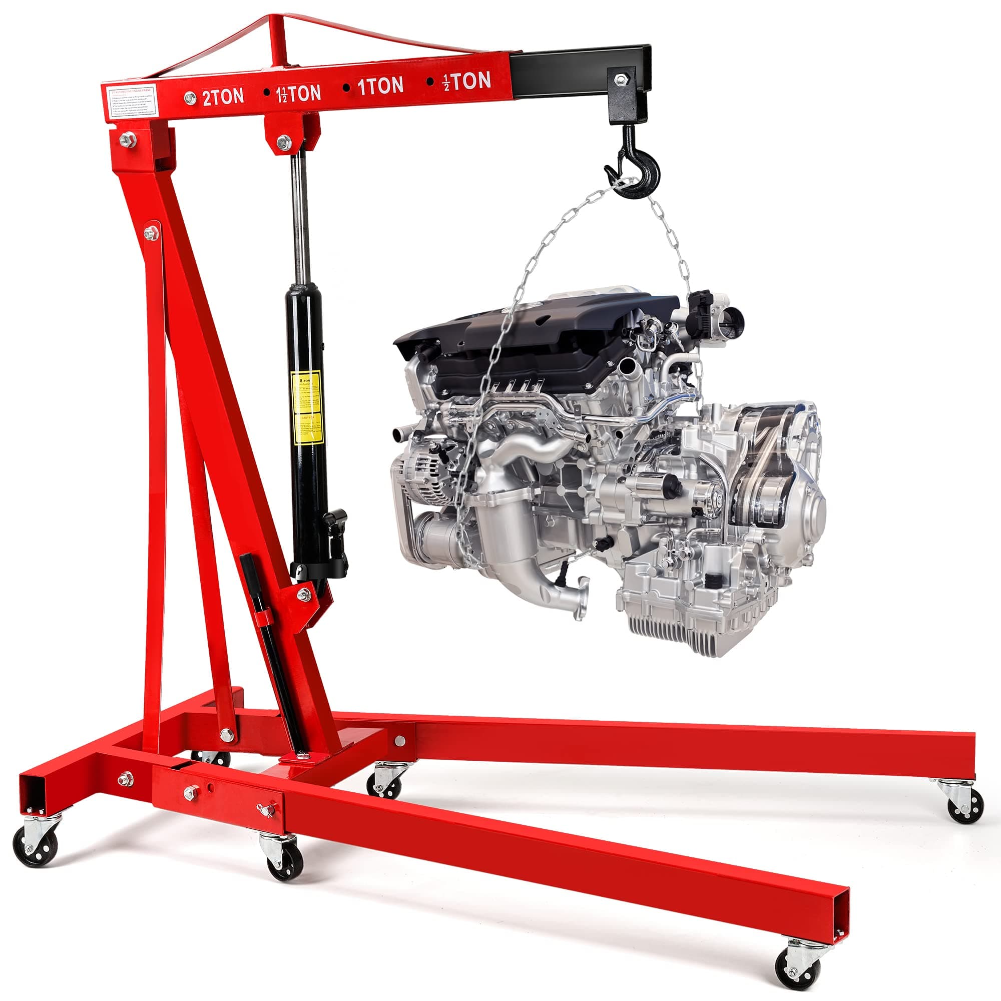Engine Hoist, 2 Ton (4000lbs) Heavy Duty Folding Hydraulic Engine Crane Hoist Cherry Picker Shop Crane Hoist Lift for Ports, Warehouses, Garage, Factory, 360 Degree Swivel Wheels