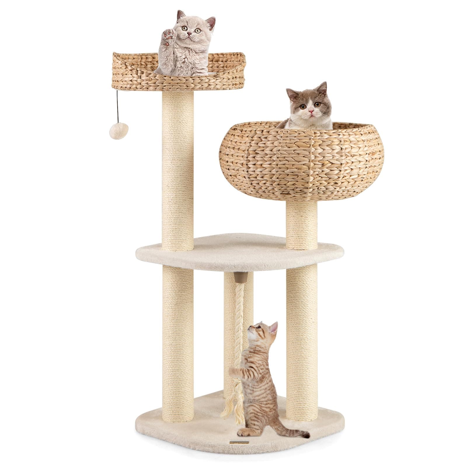 PETSITE 41 Inch Modern Cat Tree for Indoor Cats, Multi-Level Cute Cat Tree with Scratching Posts, Hand-Made Wicker Cat Condo & Top Perch, Dangling Ball, and Sisal Rope, Beige
