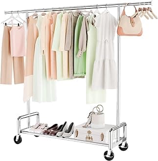Simple Trending Heavy Duty Clothing Clothes Rack with Wheels for Hanging, Metal Rolling Garment Rack Organizer Load 500 LBS, Chrome