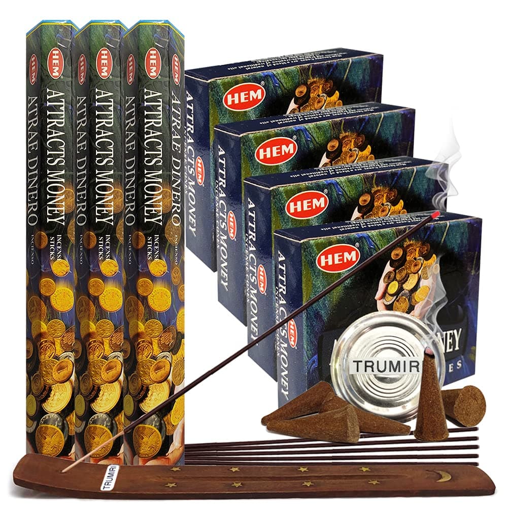 Attracts Money Incense Sticks and Cone Incense Holder Variety Pack Bundle insence insense insienso