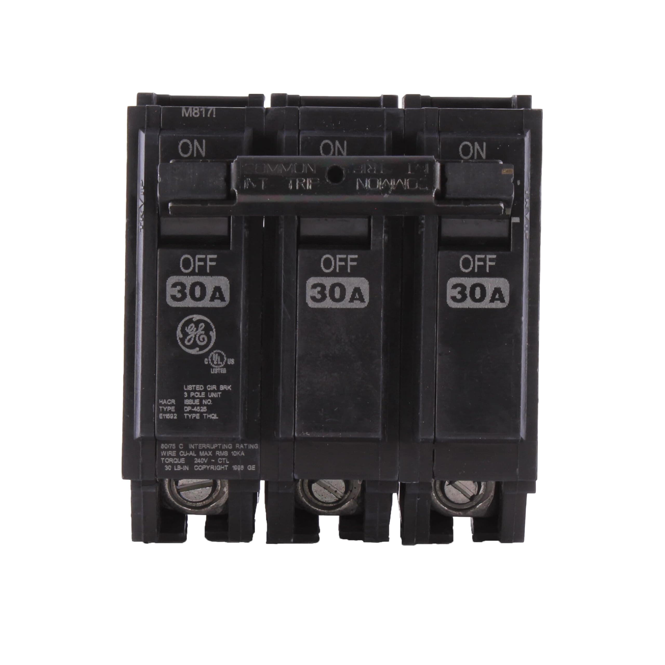 ABB Q-Line® THQL32030 Circuit Breaker • 30A/3-Pole Configuration • 120/240 VAC, 10 kAIC • Thermal Magnetic Trip • Quick-Make/Quick-Break Mechanism • Plug-in Mount