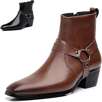 Men's Leather Chunky Heel Dress Chelsea Boots with Belt Buckle Fashion Classic Cap Toe Side Zipper Block High Heels High Top Formal Oxford Shoes Casual Business Chukka Booties