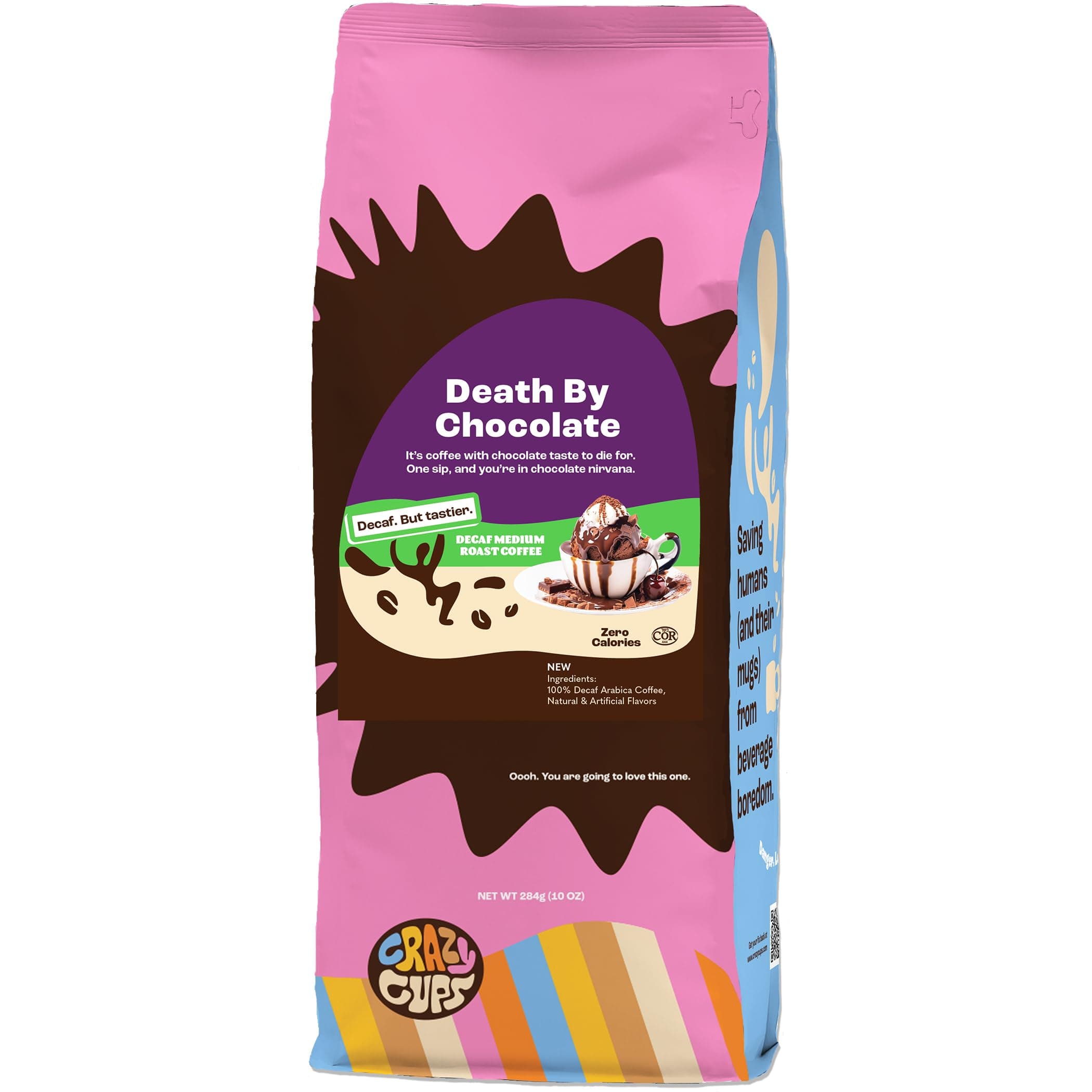 Crazy Cups Flavored Ground Decaf Chocolate Coffee, Decaffeinated Death By Chocolate Coffee in 10 oz Bag, For Brewing Flavored Hot or Iced (Pack of 1)