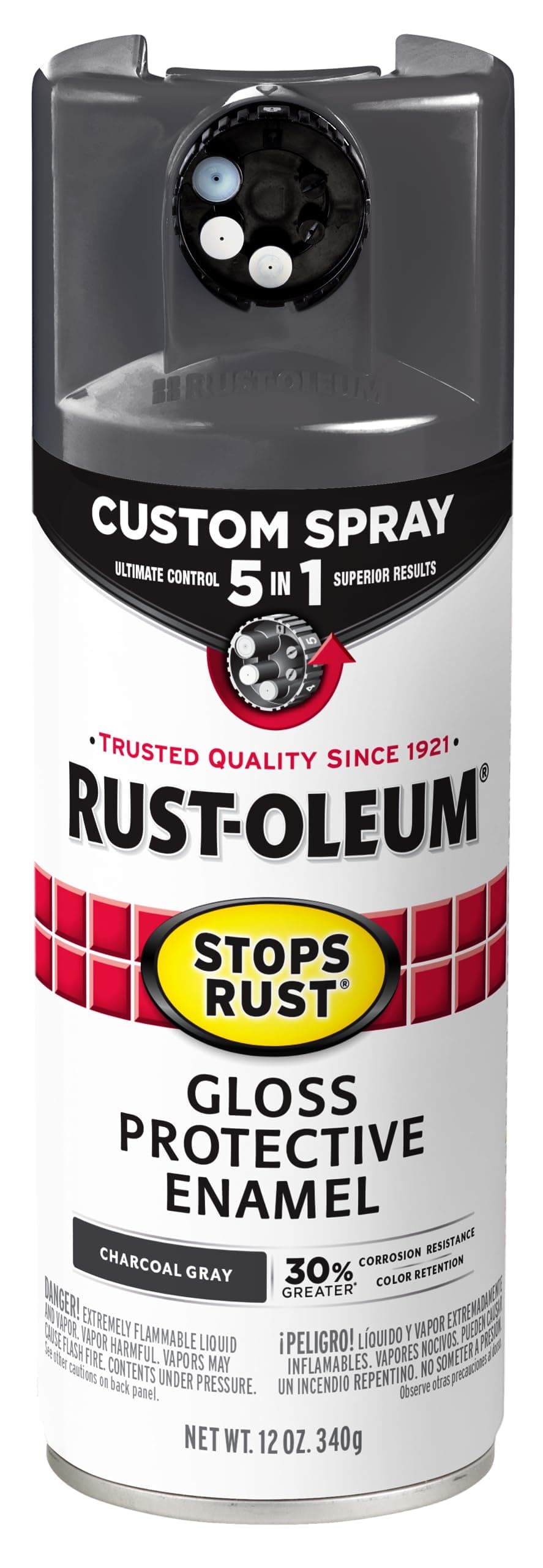 Rust-Oleum 376888 Stops Rust Custom Spray 5-in-1 Spray Paint, 12 oz, Gloss Charcoal Gray, (Pack of 1)