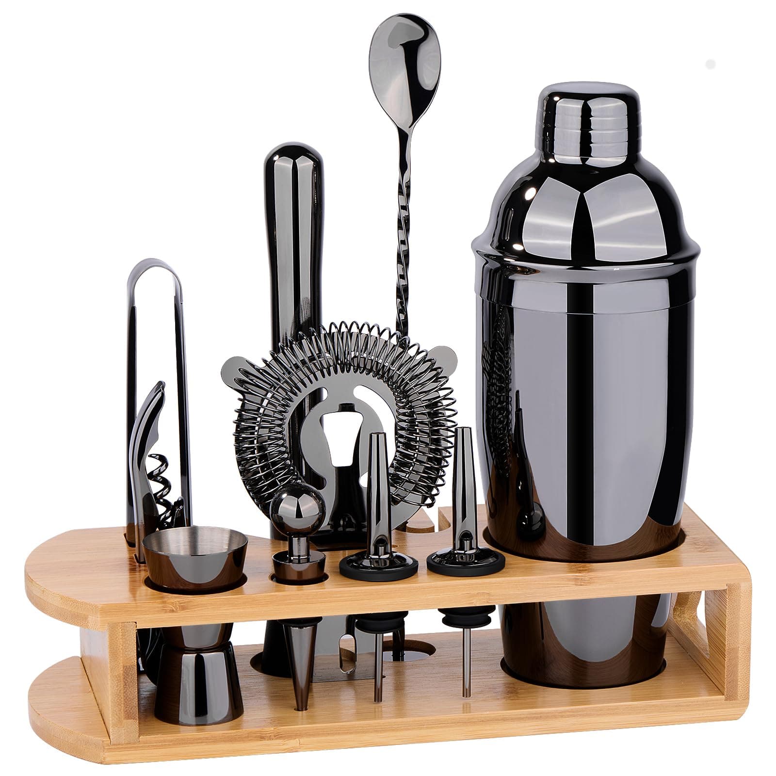 Cocktail Shaker Set Bartender Kit : 12-Piece Bar Tool Set with Bamboo Stand | Bar Set with All Practical Bar Accessories, for Drink Mixing, Bar, Home, Lounge & Party (Titanium Grey)