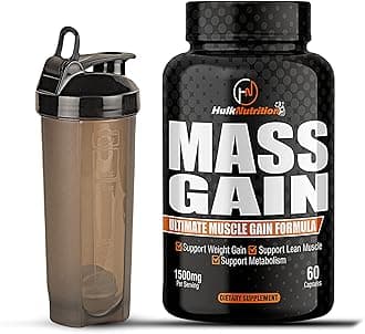 HulkNutrition Bulk Gain Mass & Weight Gainer Capsule for Fast Weight & Muscle Gain, Muscle Building Weight Lifters Supplement for Muscle Growth, Stamina & Strength, Men & Women - 60 Cap. | Free Shaker
