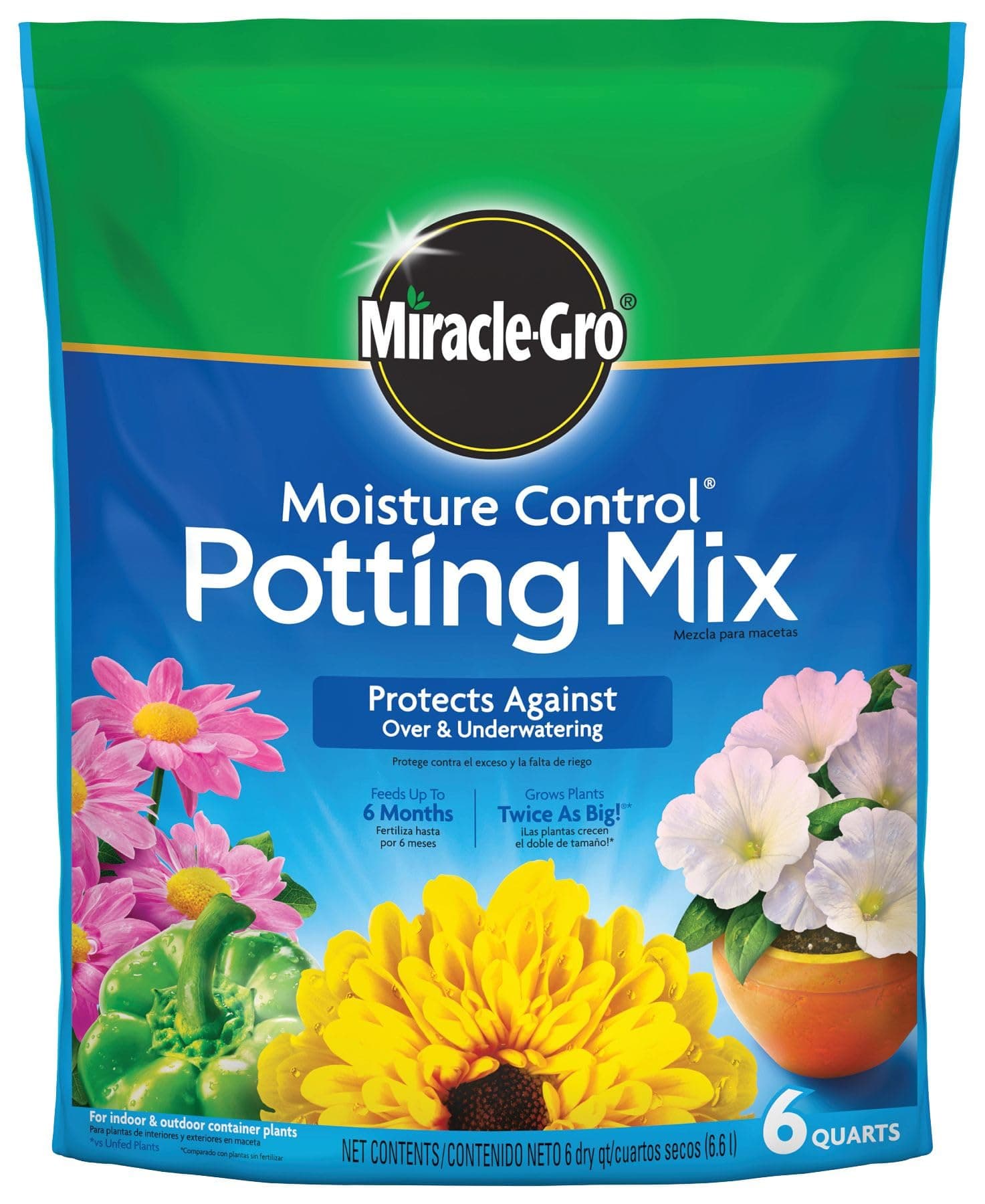 Miracle-Gro Moisture Control Potting Mix, For Container Plants, Protects against Over- and Under-Watering, 6 qt.